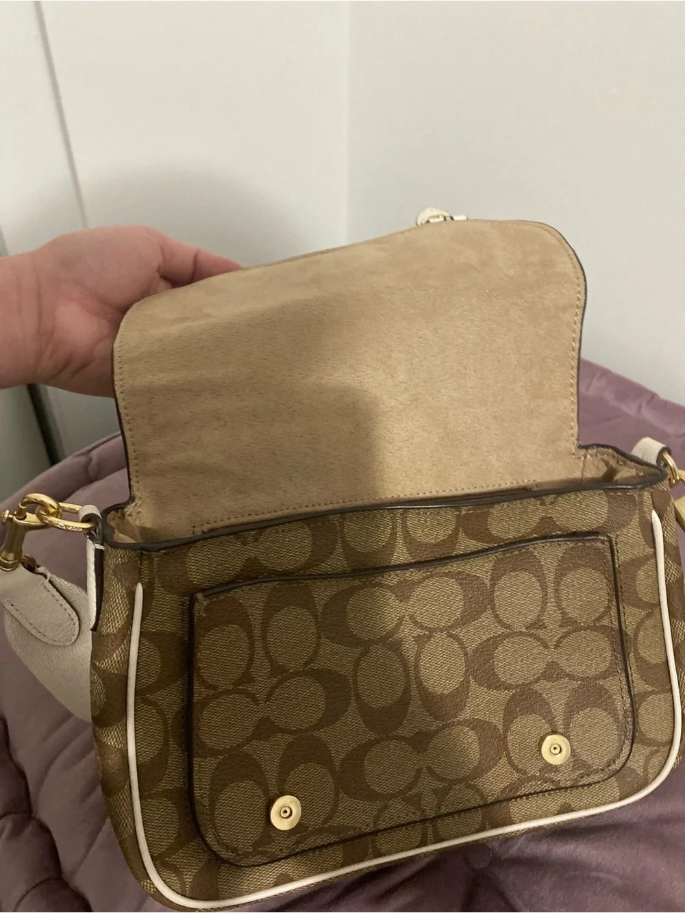 Coach Lucy Signature Canvas Crossbody with Cream Leather Flap